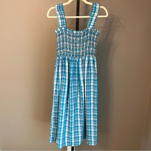 Nicholas Smocked Apron Plaid Midi Dress Turquoise Blue 2 Summer Boho Coastal - Picture 5 of 7